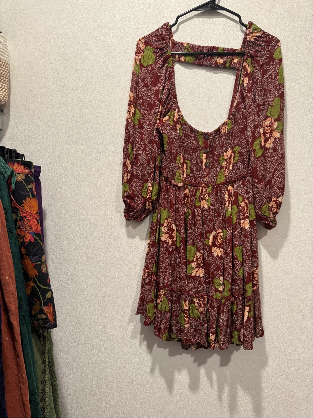 Free People Summer Picnic Mini Dress L Burgundy Floral Open Back - Picture 2 of 8